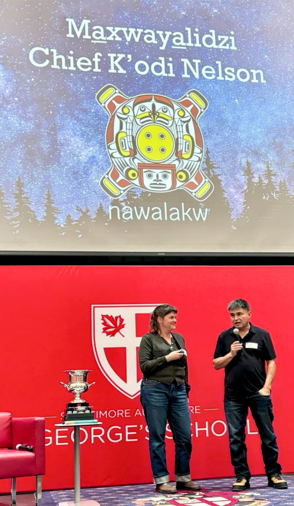 K'odi Nelson receives the 2025 MacGregor Cup from Roy Group Co-Founder Anne-Marie Daniel at St. George's School in Vancouver during a Quiet Champions book launch on November 20, 2025.